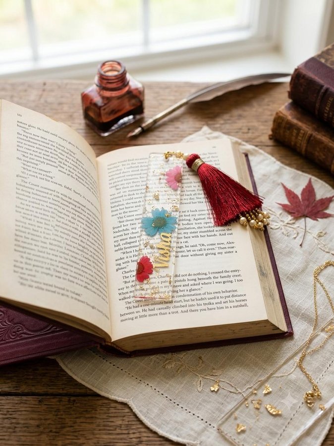 Clear resin bookmark with colourful flowers and red silk tassel