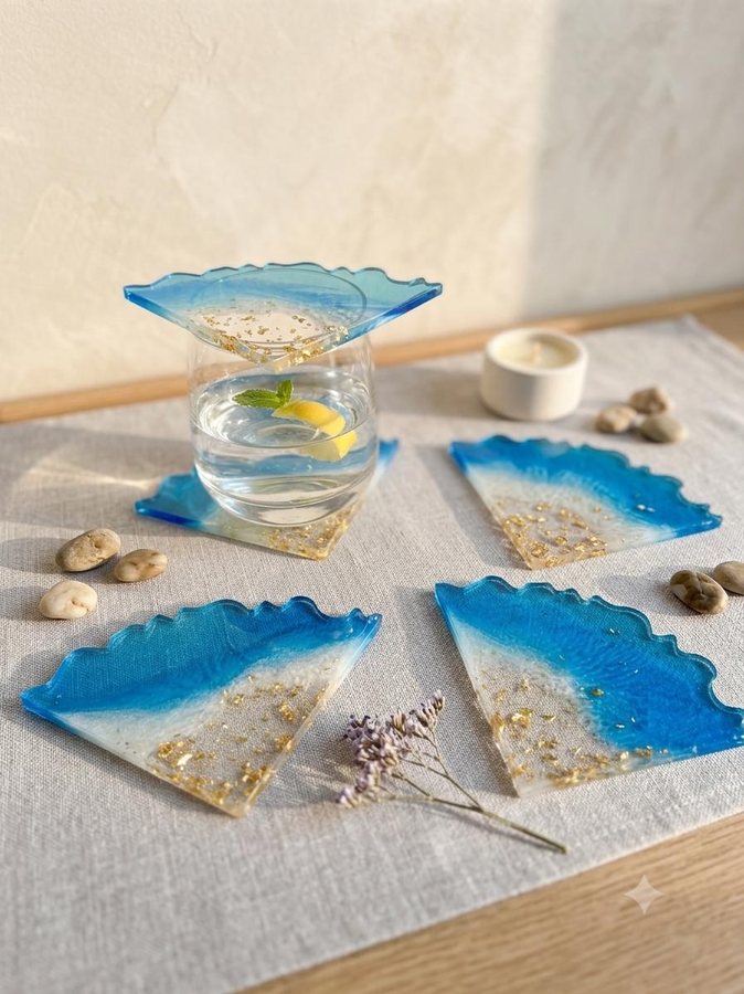 Ocean blue wave resin coaster set