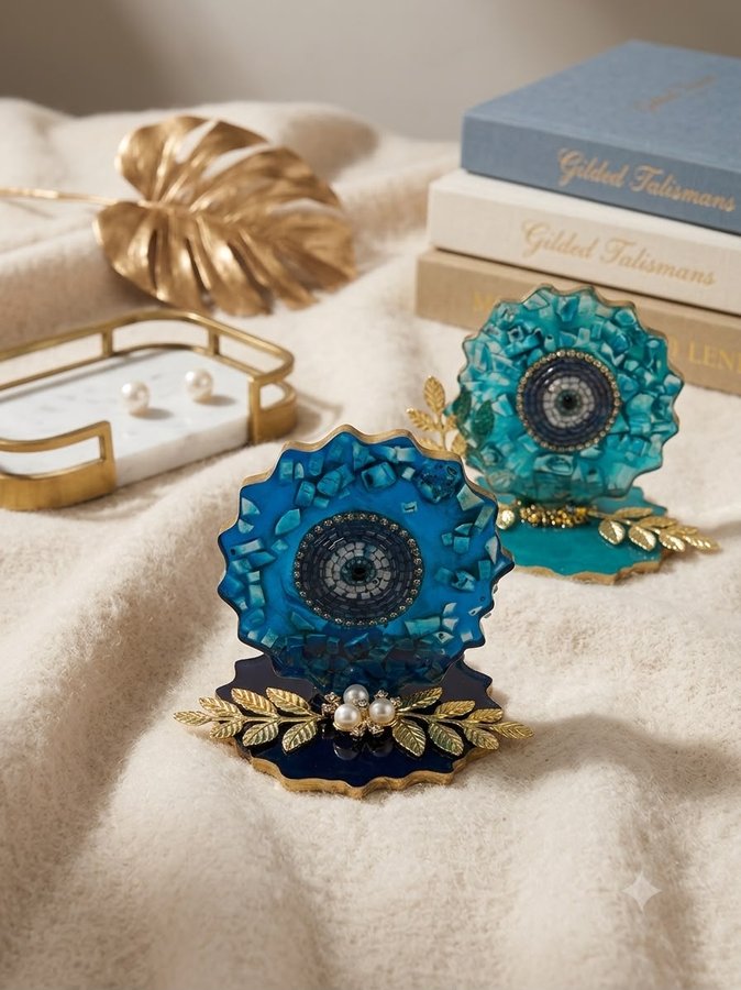 Evil eye resin standee with crushed turquoise stones and gold leaf base