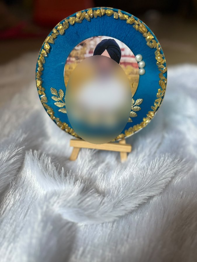 Religious memorial resin photo frame in teal with gold border and pearl flowers
