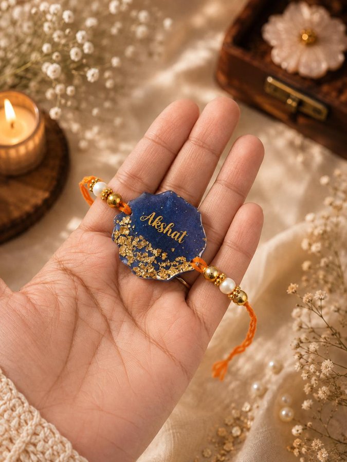 Blue gold flake scalloped personalised resin rakhi