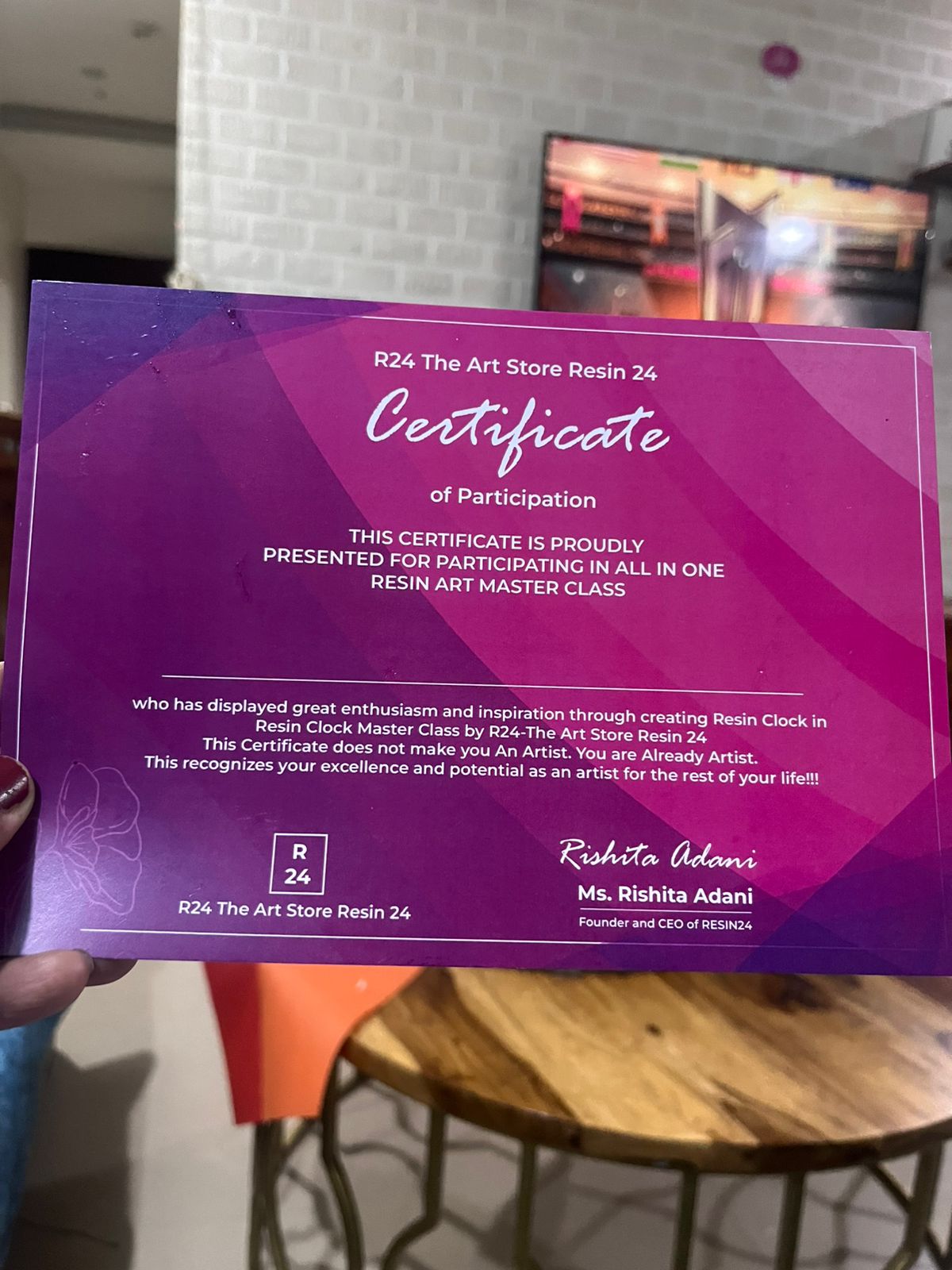 Certificate from Resin Art Master Class