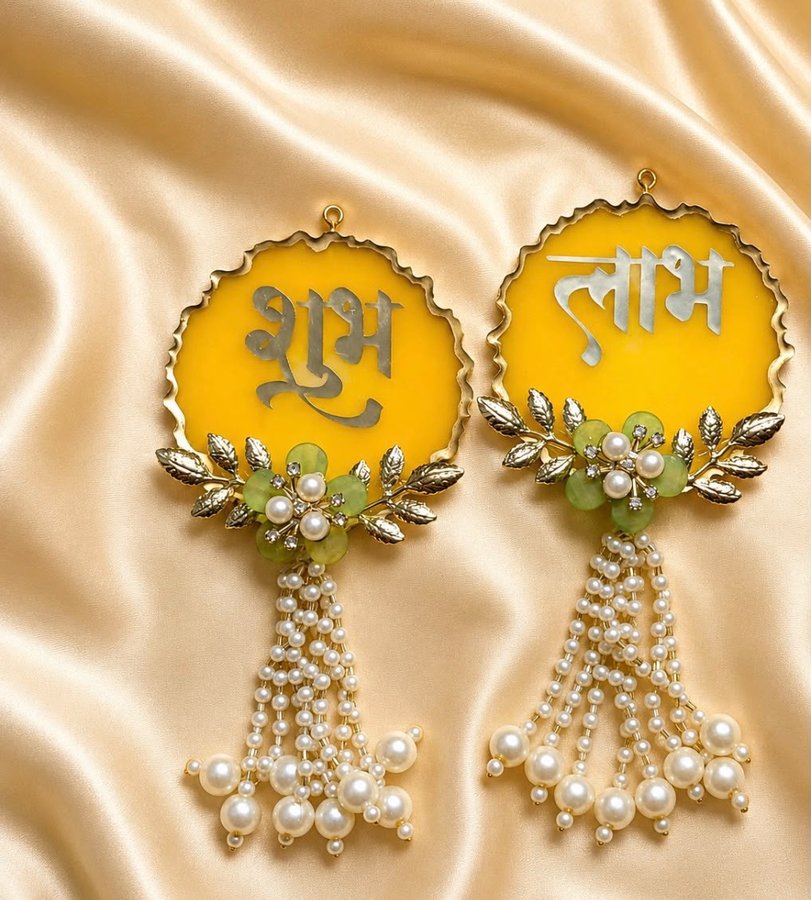 Resin Shubh Labh door hangings in yellow with pearl tassels