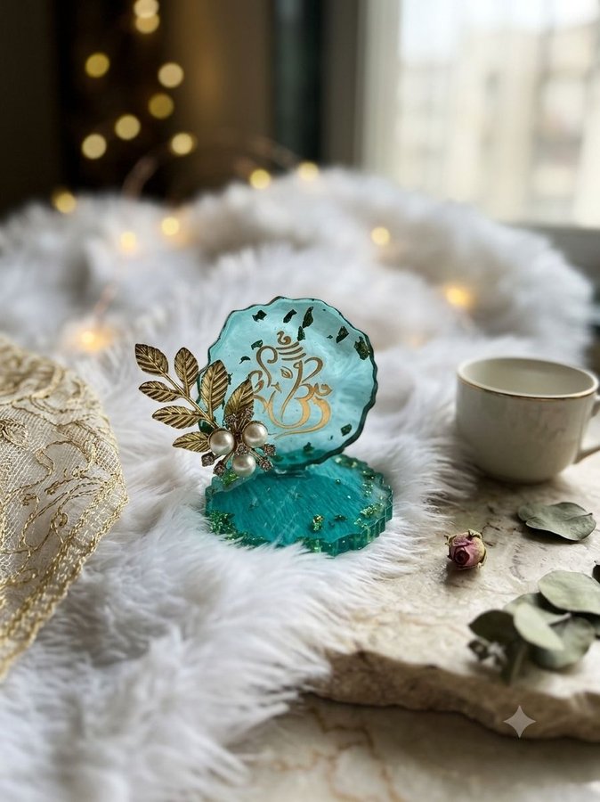 Mini teal resin Ganesha standee with gold leaf and pearl flowers
