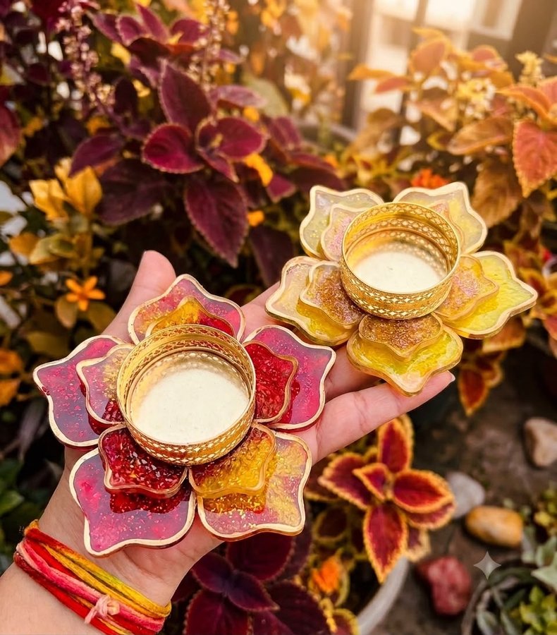 Lotus resin tealight holder in red and yellow gold