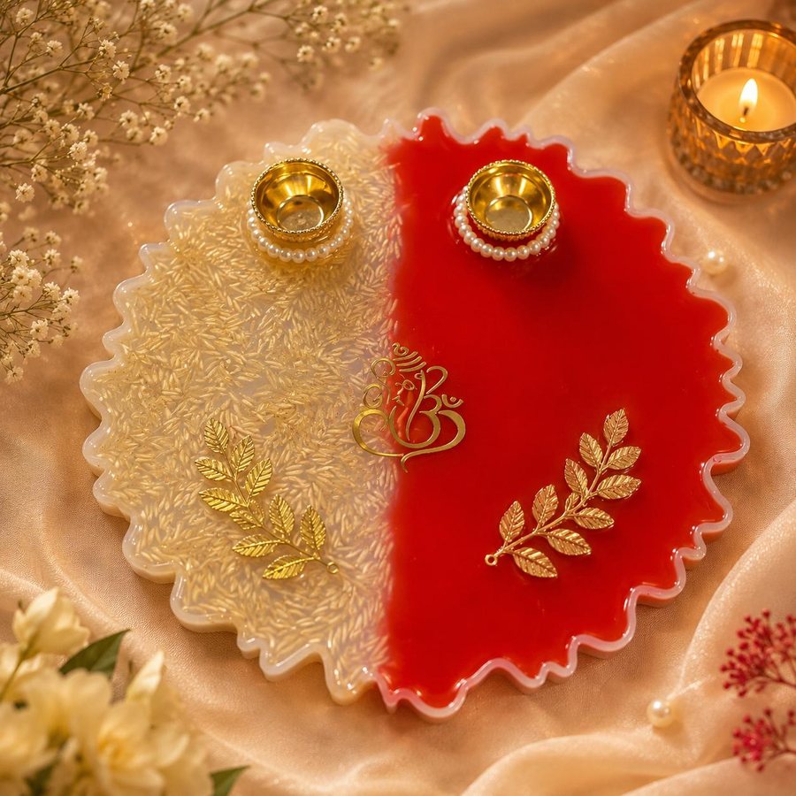 Cream and red split resin pooja thali